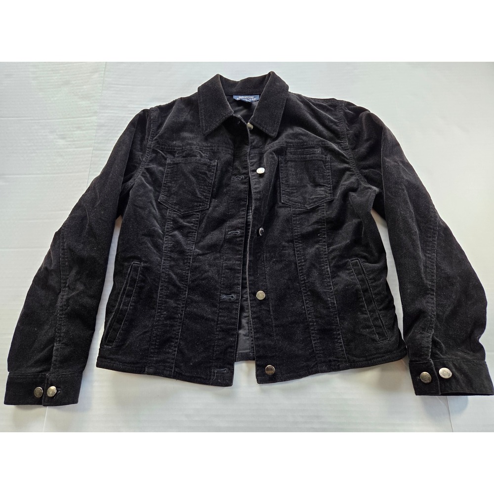 Jones New York Corduroy Jacket Womens Small Black Trucker Cinch Back Floral Trim